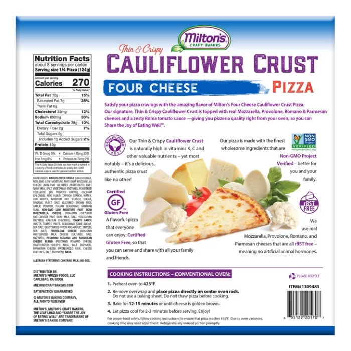 Milton's cauliflower pizza nutrition facts